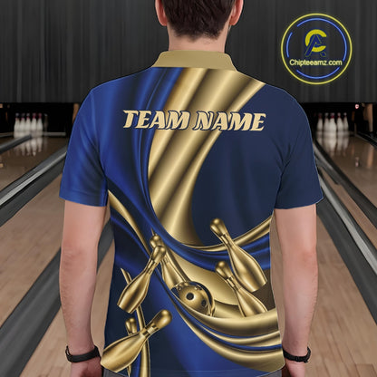 A person viewed from behind wearing a short-sleeve custom bowling shirt with a blue and gold abstract design, bowling pins, and the text 'TEAM NAME' on the back. Bowling lanes are visible in the background, and a circular 'Chipteeamz.