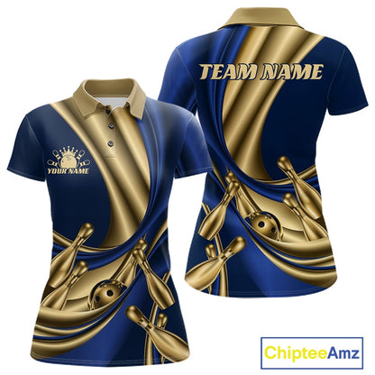 Customizable bowling-themed polo shirt shown from the front and back. The design features a navy blue and metallic gold abstract wave pattern with bowling pins and balls, including placeholder text 'YOUR NAME' on the front left chest and 'TEAM NAME' on the back.