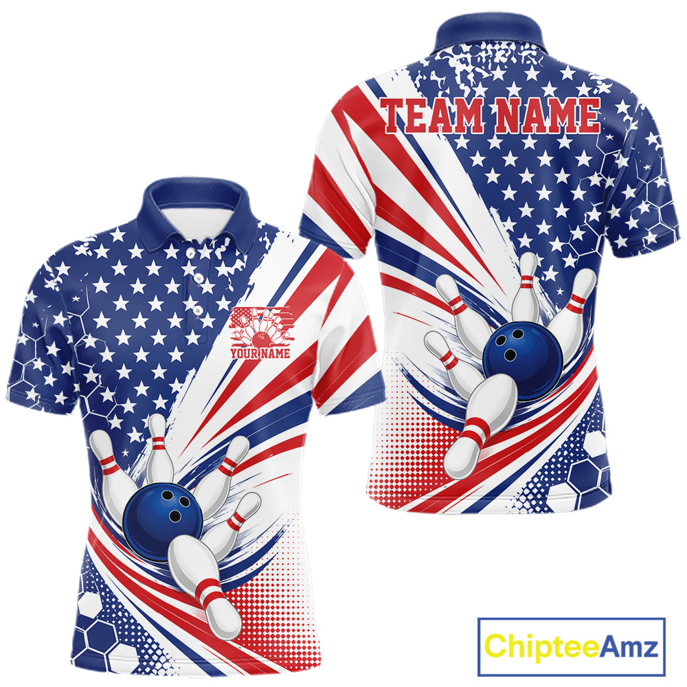 Custom Patriotic American Bowling Team Men Polo Shirt, US Flag Bowling League Shirt IPHW11843