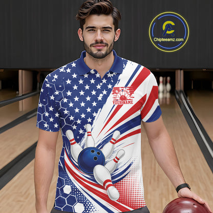 Custom Patriotic American Bowling Team Men Polo Shirt, US Flag Bowling League Shirt IPHW11843