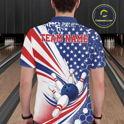 Custom Patriotic American Bowling Team Men Polo Shirt, US Flag Bowling League Shirt IPHW11843