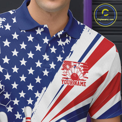 Custom Patriotic American Bowling Team Men Polo Shirt, US Flag Bowling League Shirt IPHW11843