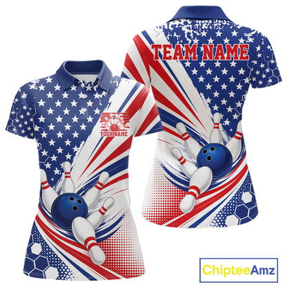 Custom Patriotic American Bowling Team Women Polo Shirt, US Flag Bowling League Shirt IPHW11843