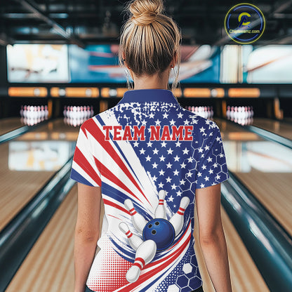 Custom Patriotic American Bowling Team Women Polo Shirt, US Flag Bowling League Shirt IPHW11843