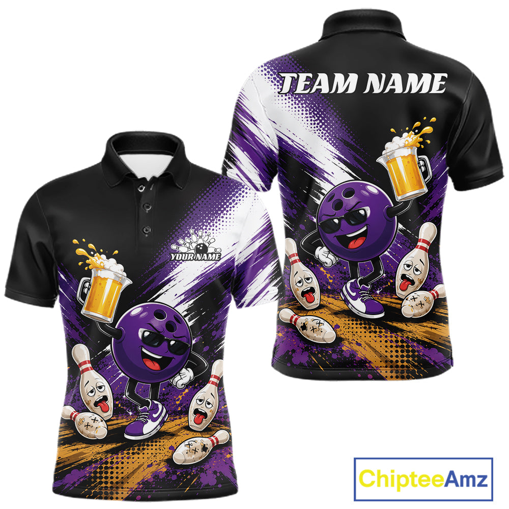 Custom Purple Funny Beer Pitcher Bowling Men Polo Shirt, Drinking Beer Bowling Jersey IPHW11845
