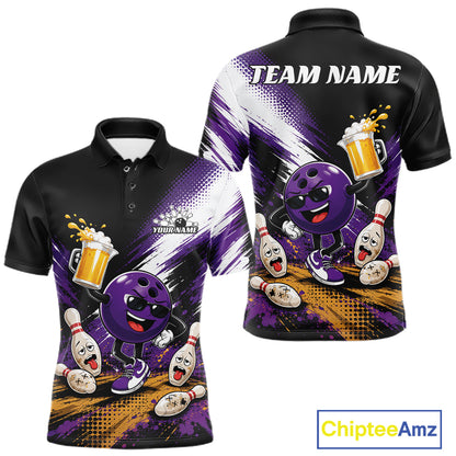 Custom Purple Funny Beer Pitcher Bowling Men Polo Shirt, Drinking Beer Bowling Jersey IPHW11845