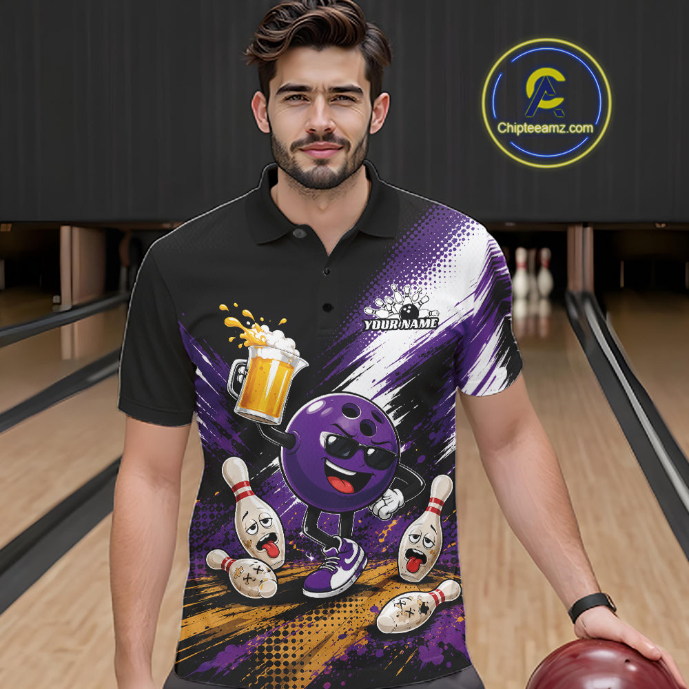 Custom Purple Funny Beer Pitcher Bowling Men Polo Shirt, Drinking Beer Bowling Jersey IPHW11845