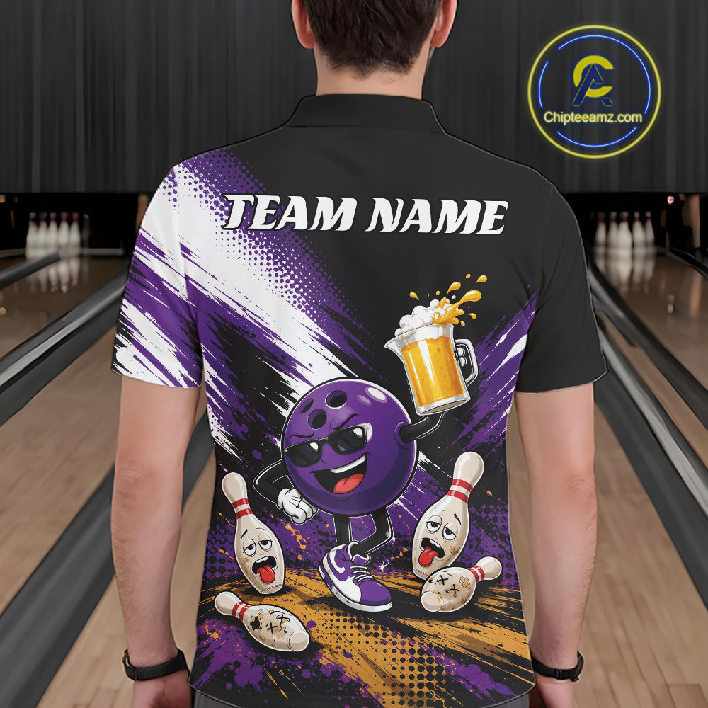 Custom Purple Funny Beer Pitcher Bowling Men Polo Shirt, Drinking Beer Bowling Jersey IPHW11845