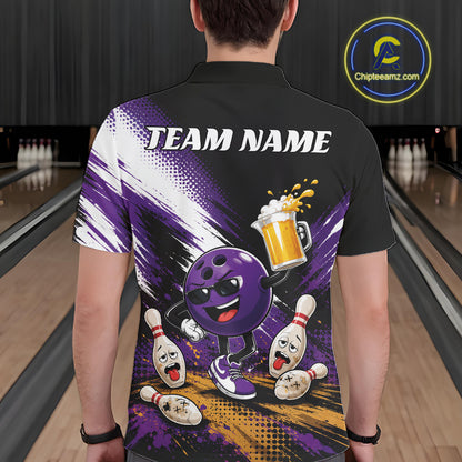 Custom Purple Funny Beer Pitcher Bowling Men Polo Shirt, Drinking Beer Bowling Jersey IPHW11845
