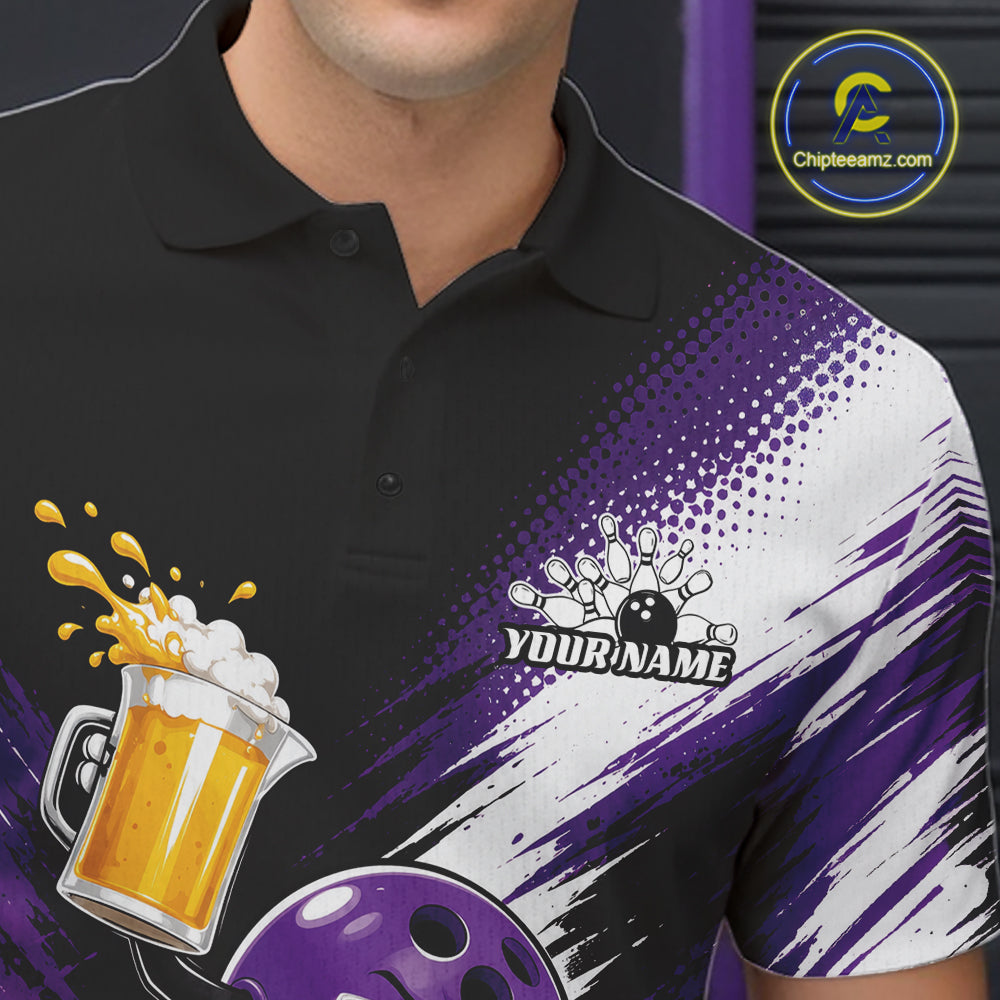 Custom Purple Funny Beer Pitcher Bowling Men Polo Shirt, Drinking Beer Bowling Jersey IPHW11845