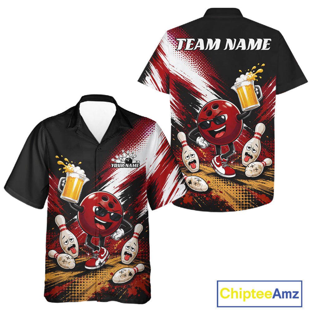 Custom Red Funny Beer Pitcher Bowling Men And Women Button Up Shirt, Drinking Beer Bowling Jersey IPHW11846