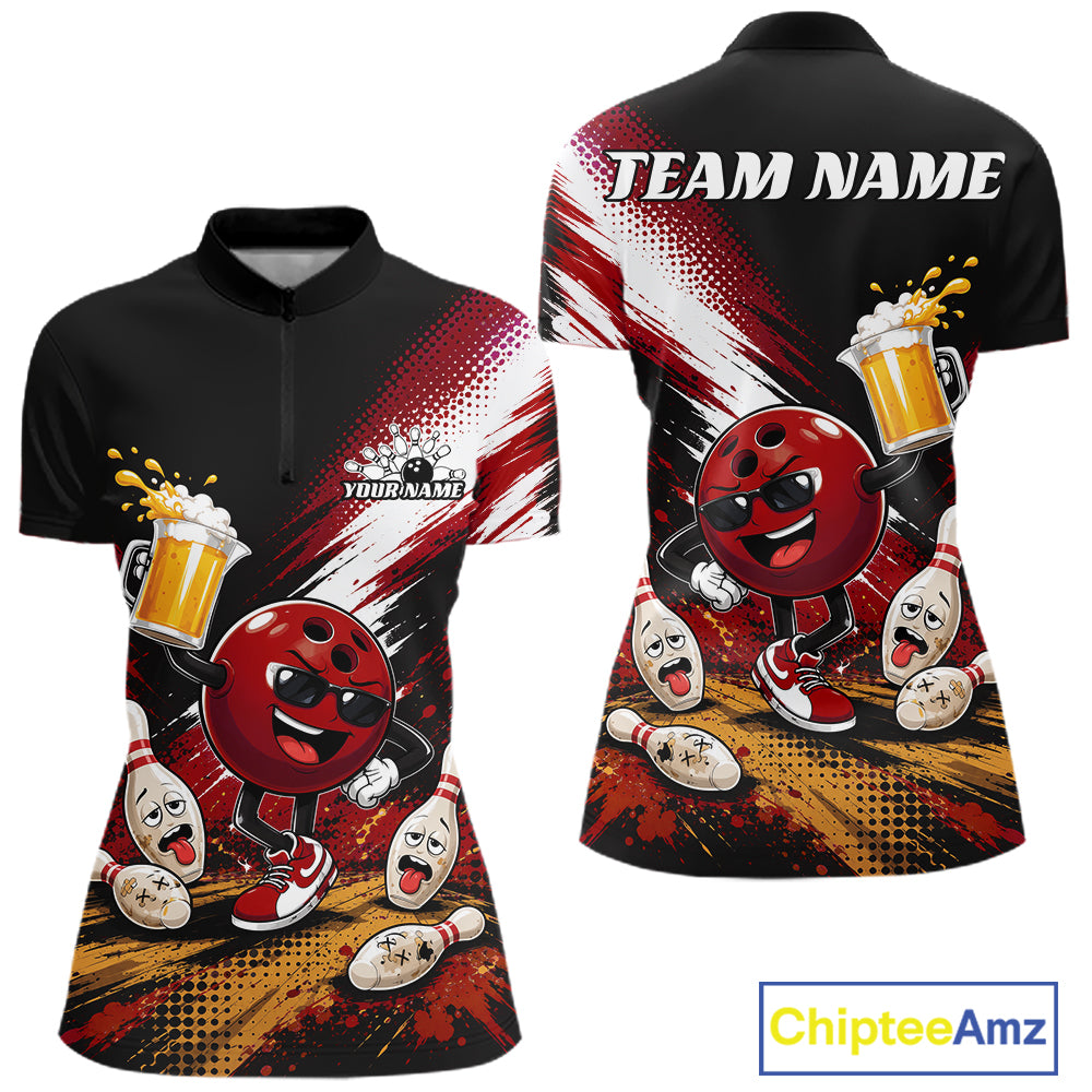 Customizable black and red bowling-themed polo shirt shown from both front and back. The shirt features a cartoon bowling ball character holding a beer mug, scattered bowling pins, and placeholder text 'TEAM NAME' and 'YOURNAME'.