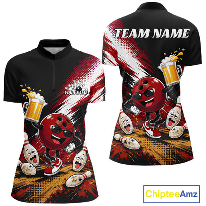 Customizable black and red bowling-themed polo shirt shown from both front and back. The shirt features a cartoon bowling ball character holding a beer mug, scattered bowling pins, and placeholder text 'TEAM NAME' and 'YOURNAME'.