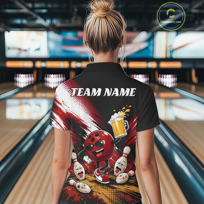 Custom Red Funny Beer Bowling Women Quarter-Zip Shirt, Drinking Beer Bowling Jersey IPHW11846