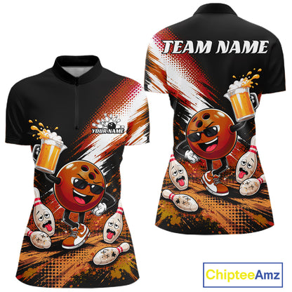 Custom Orange Funny Beer Bowling Women Quarter-Zip Shirt, Drinking Beer Bowling Jersey IPHW11847