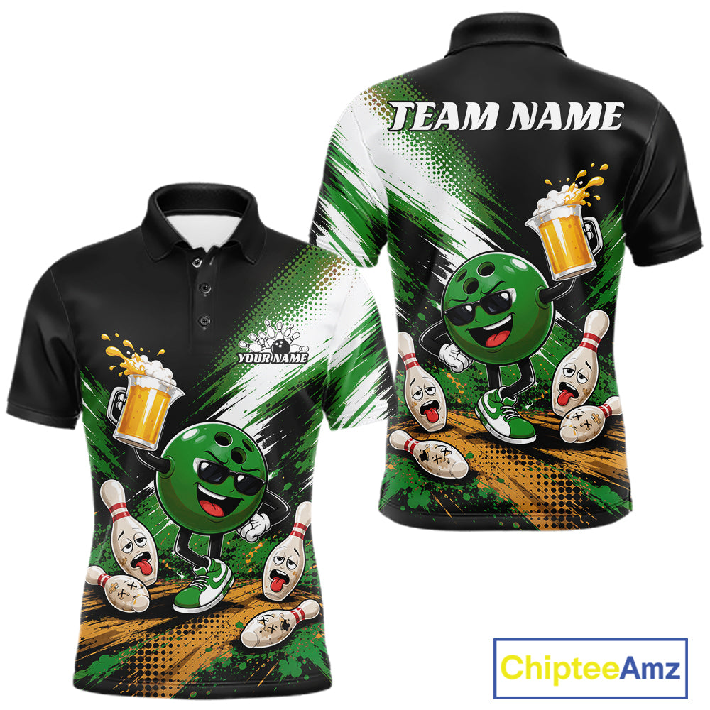 Custom Green Funny Beer Pitcher Bowling Men Polo Shirt, Drinking Beer Bowling Jersey IPHW11848