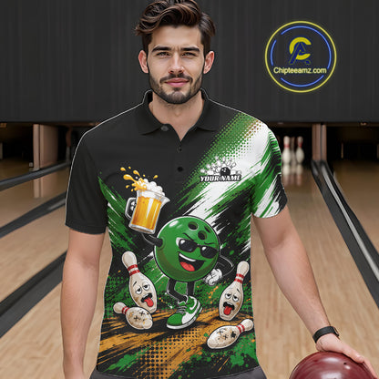 Custom Green Funny Beer Pitcher Bowling Men Polo Shirt, Drinking Beer Bowling Jersey IPHW11848