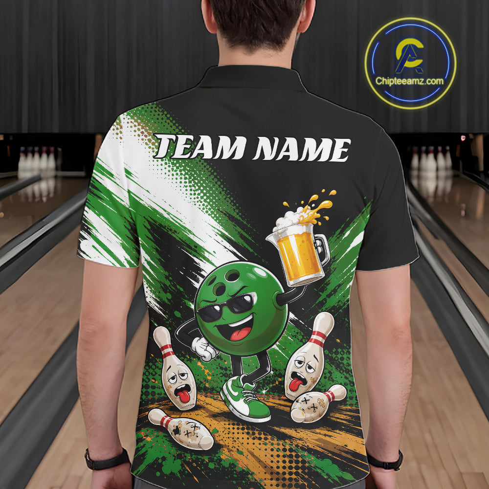 Custom Green Funny Beer Pitcher Bowling Men Polo Shirt, Drinking Beer Bowling Jersey IPHW11848
