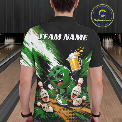 Custom Green Funny Beer Pitcher Bowling Men Polo Shirt, Drinking Beer Bowling Jersey IPHW11848
