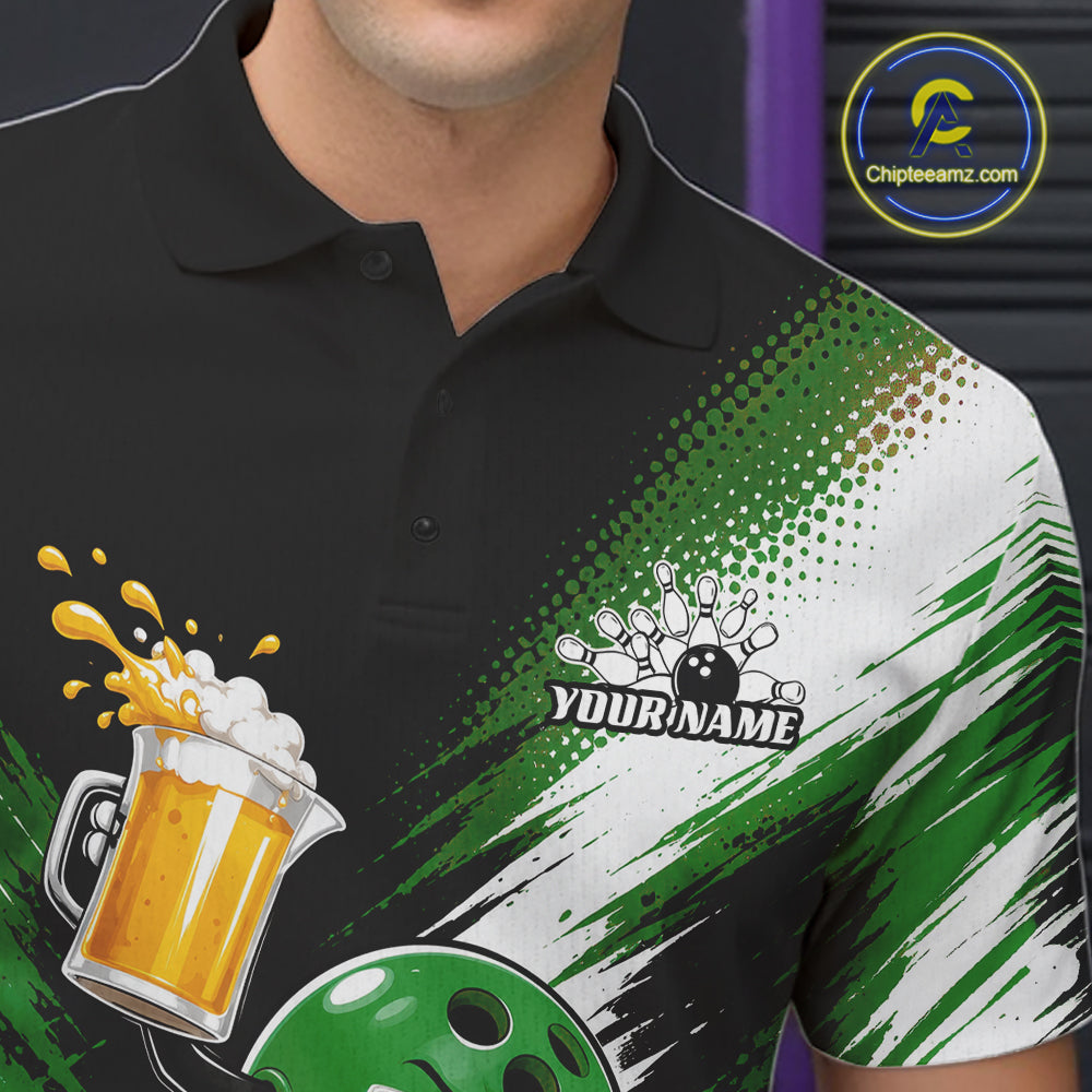 Custom Green Funny Beer Pitcher Bowling Men Polo Shirt, Drinking Beer Bowling Jersey IPHW11848