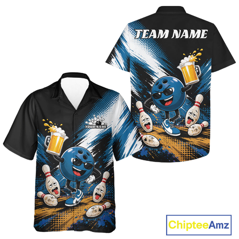 Custom Blue Funny Beer Pitcher Bowling Men And Women Button Up Shirt, Drinking Beer Bowling Jersey IPHW11849