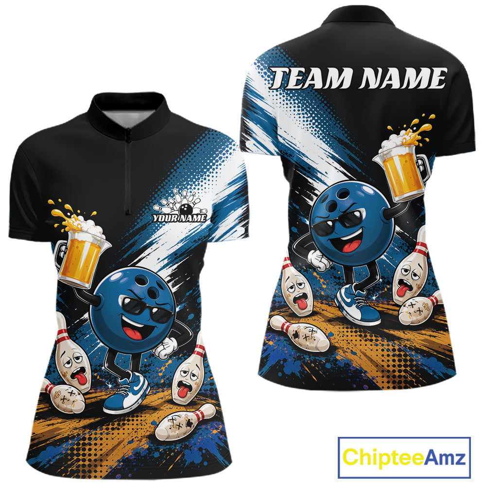 Customizable short-sleeve polo shirt shown in front and back views, featuring a bowling-themed cartoon graphic with a blue bowling ball character, bowling pins, and beer mugs on a blue and black background. The back has a 'TEAM NAME' placeholder, and the front has a 'YOUR NAME' placeholder.