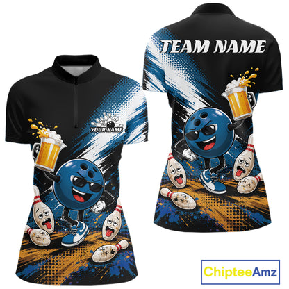 Customizable short-sleeve polo shirt shown in front and back views, featuring a bowling-themed cartoon graphic with a blue bowling ball character, bowling pins, and beer mugs on a blue and black background. The back has a 'TEAM NAME' placeholder, and the front has a 'YOUR NAME' placeholder.