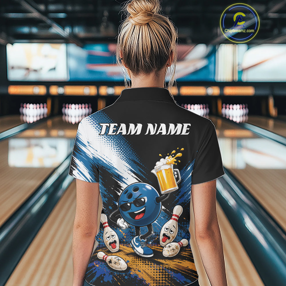 A woman viewed from behind wearing a black short-sleeve bowling-themed quarter zip shirt with a colorful back graphic featuring a cartoon bowling ball, pins, and a beer mug, with the text 'TEAM NAME' across the upper back. 