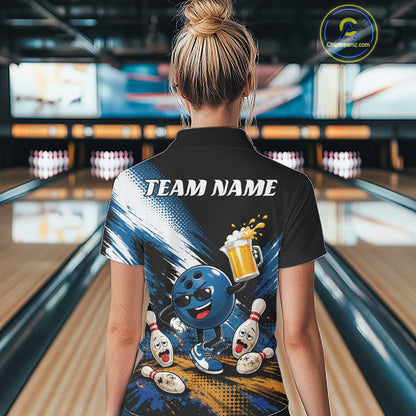 A woman viewed from behind wearing a black short-sleeve bowling-themed quarter zip shirt with a colorful back graphic featuring a cartoon bowling ball, pins, and a beer mug, with the text 'TEAM NAME' across the upper back. 
