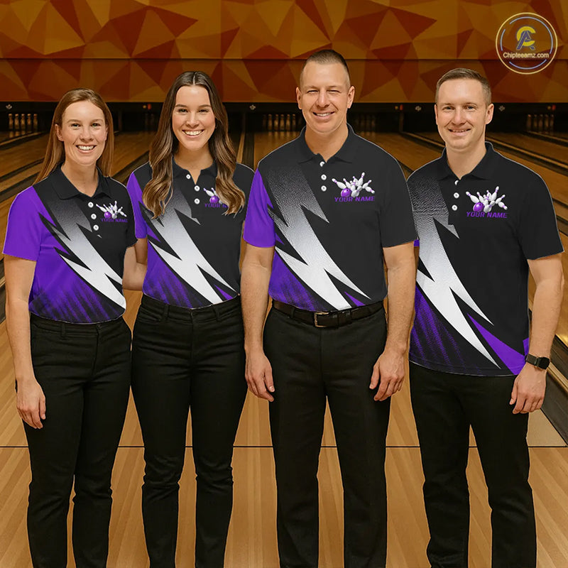 Black And Purple Custom Bowling Jerseys, Bowling Team Shirts For Men Bowling Tournament Outfits IPHW7707