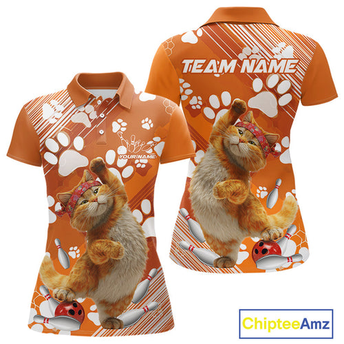 Custom Funny Orange Cat Bowling Women Polo Shirt, Cute Team Cat Paw Bowling Shirt IPHW10101