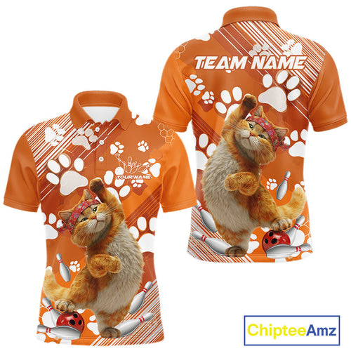 Custom Funny Orange Cat Bowling Men Polo Shirt, Cute Team Cat Paw Bowling Shirt IPHW10101