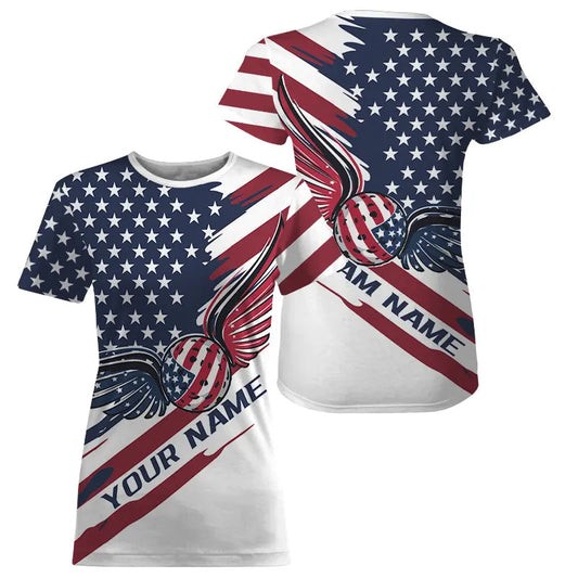 Custom US Flag Patriotic Pickleball T-Shirts For Women, Pickleball Ball With Wings Shirt IPHW8128