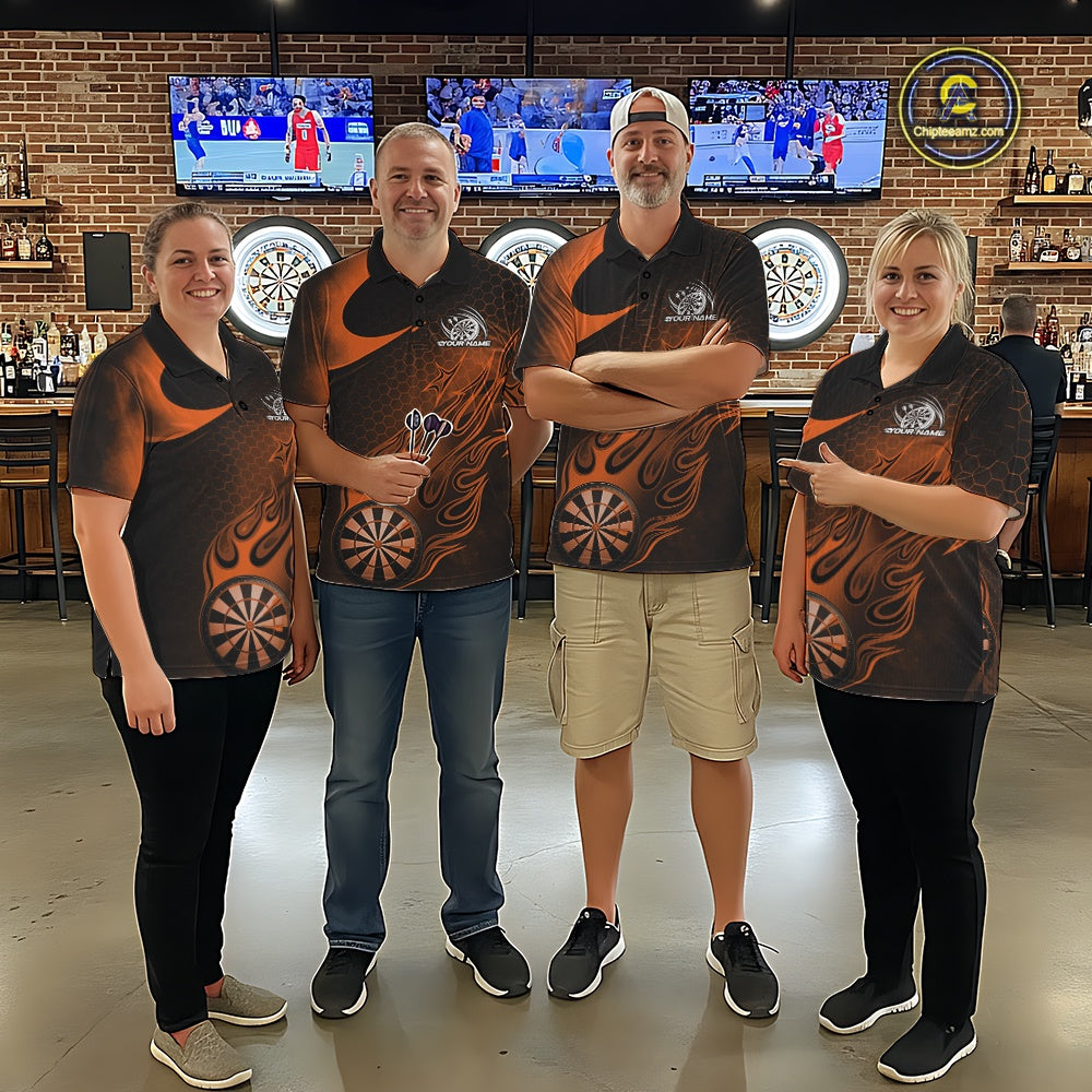 Custom Black And Orange Flame Dartboard Darts Team Shirts, Dart Tournament Outfits Dart Jerseys For Players IPHW10412