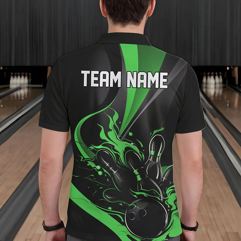 Custom Black And Green Flame Bowling Polo Shirts For Men, Fire Bowling Team Shirt IPHW8540