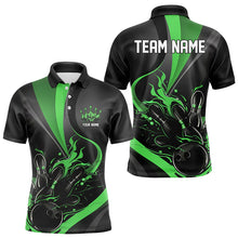 Load image into Gallery viewer, Custom Black And Green Flame Bowling Polo Shirts For Men, Fire Bowling Team Shirt IPHW8540
