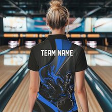 Load image into Gallery viewer, Custom Black And Blue Flame Bowling Polo Shirts For Women, Fire Bowling Team Shirt IPHW8542