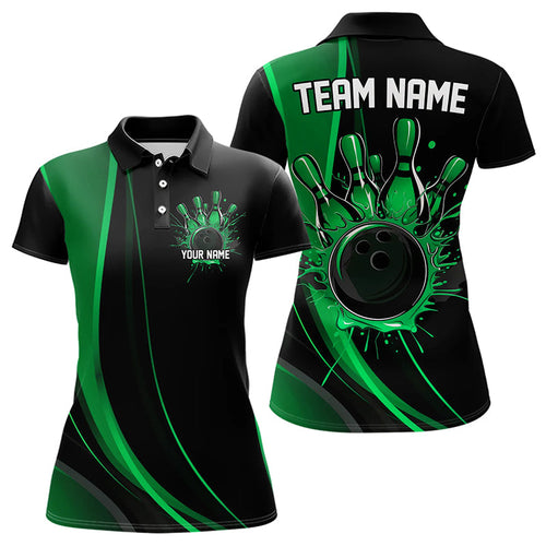 Custom Black And Green Bowling Polo Shirts For Women, Bowling Tournament Team Shirts IPHW8543