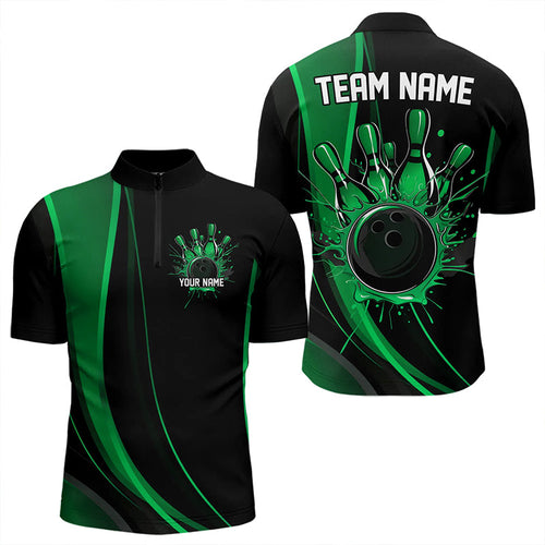Custom Black And Green Bowling Quarter-Zip Shirts For Men, Bowling Tournament Team Shirts IPHW8543