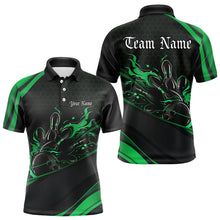 Load image into Gallery viewer, Custom Black And Green Flame Bowling Polo Shirts For Men, Bowling Tournament Team Shirts IPHW8545