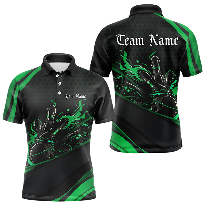 Custom Black And Green Flame Bowling Polo Shirts For Men, Bowling Tournament Team Shirts IPHW8545