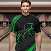 Load image into Gallery viewer, Custom Black And Green Flame Bowling Quarter-Zip Shirts For Men, Bowling Tournament Team Shirts IPHW8545
