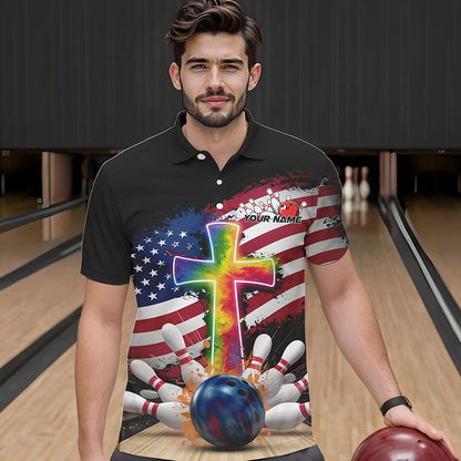 Custom Patriotic Faith Bowling Polo Shirts For Men, Tie Dye Cross US Flag Bowling Shirt IPHW8547