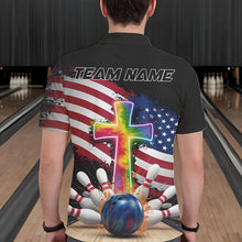 Load image into Gallery viewer, Custom Patriotic Faith Bowling Polo Shirts For Men, Tie Dye Cross US Flag Bowling Shirt IPHW8547