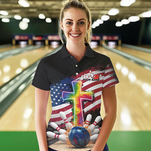 Load image into Gallery viewer, Custom Patriotic Faith Bowling Polo Shirts For Women, Tie Dye Cross US Flag Bowling Shirt IPHW8547