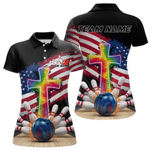 Load image into Gallery viewer, Custom Patriotic Faith Bowling Polo Shirts For Women, Tie Dye Cross US Flag Bowling Shirt IPHW8547