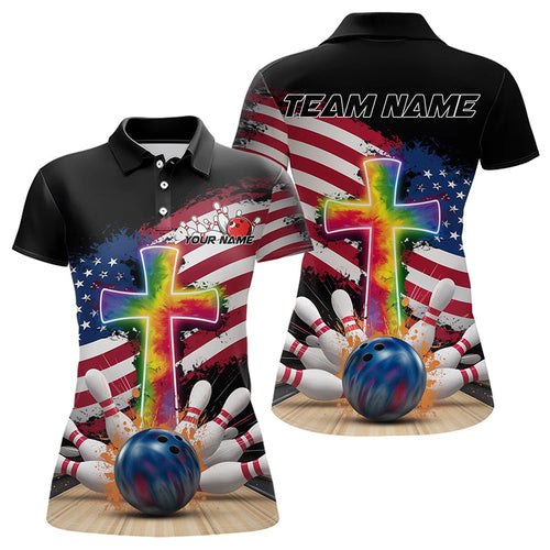 Custom Patriotic Faith Bowling Polo Shirts For Women, Tie Dye Cross US Flag Bowling Shirt IPHW8547