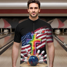 Load image into Gallery viewer, Custom Patriotic Faith Bowling Quarter-Zip Shirts For Men, Tie Dye Cross US Flag Bowling Shirt IPHW8547