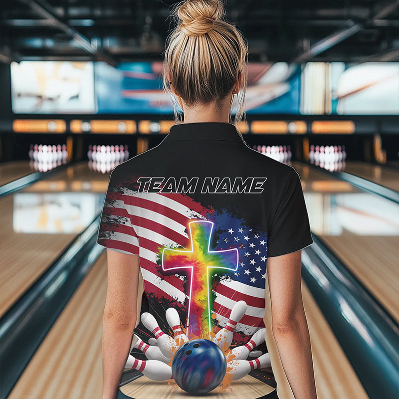 Custom Patriotic Faith Bowling Womens Quarter-Zip Shirts, Tie Dye Cross US Bowling Shirt IPHW8547