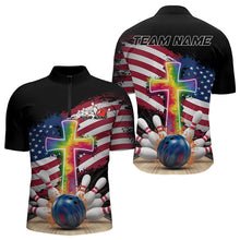 Load image into Gallery viewer, Custom Patriotic Faith Bowling Quarter-Zip Shirts For Men, Tie Dye Cross US Flag Bowling Shirt IPHW8547